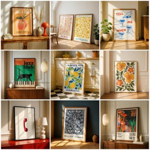 May include: A collection of framed art prints with various designs. Prints include a peach with text, floral patterns, cocktail illustrations, a jazz club poster, citrus fruit art, and botanical designs. Frames are brown.