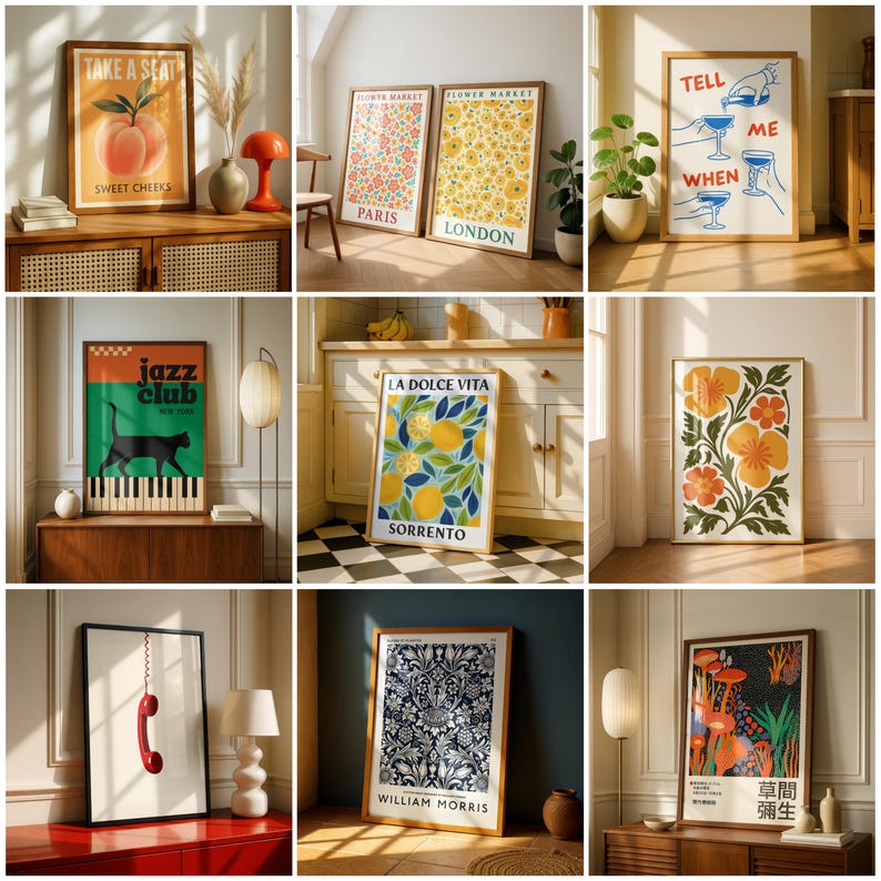 May include: A collection of framed art prints with various designs. Prints include a peach with text, floral patterns, cocktail illustrations, a jazz club poster, citrus fruit art, and botanical designs. Frames are brown.