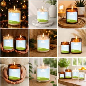 May include: A collection of lit scented candles in glass jars. Each candle has a label with a blue sky and green landscape design. The candles vary in size and jar color, with some in clear glass and others in amber-colored glass.