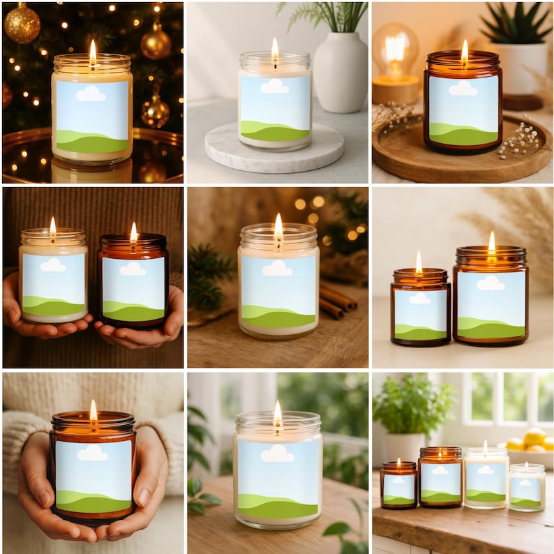 May include: A collection of lit scented candles in glass jars. Each candle has a label with a blue sky and green landscape design. The candles vary in size and jar color, with some in clear glass and others in amber-colored glass.
