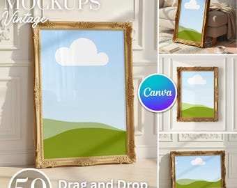 50 Vintage Frame Mockup Canva Bundle: Canva Drag and Drop, Realistic Shadow Overlay, Ready to Use Templates