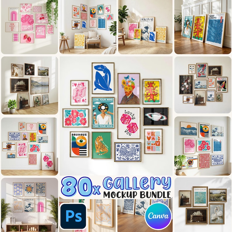 80x Gallery Frame Mockup Bundle: PSD Smart Objects, Canva Drag and Drop (Digital Download) image 1