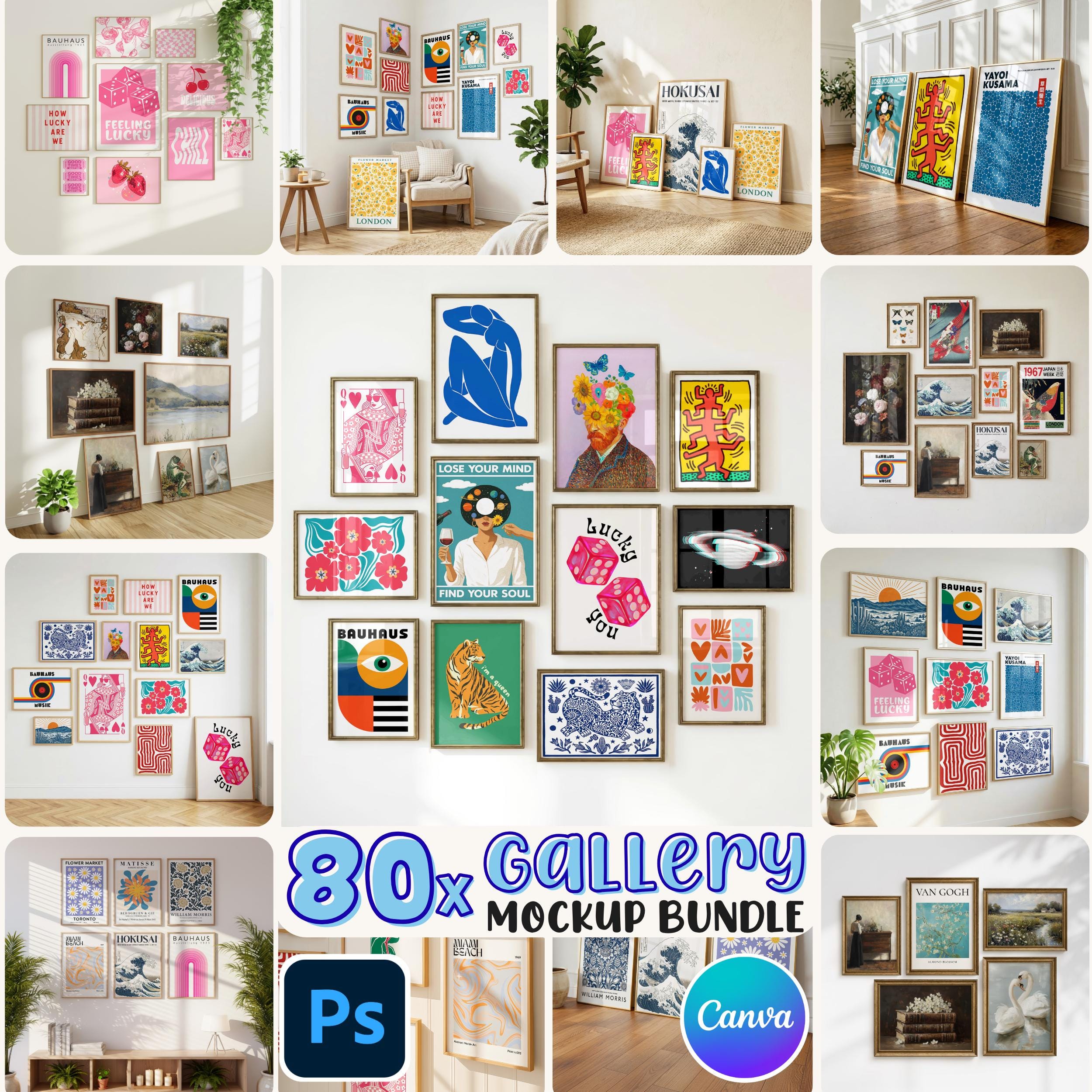 80x Gallery Frame Mockup Bundle: PSD Smart Objects, Canva Drag and