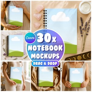 May include: Notebook mockups featuring a blue sky and green landscape design. The notebooks have a spiral binding and are shown in different settings. The image includes the text "30x NOTEBOOK MOCKUPS" and "DRAG & DROP".
