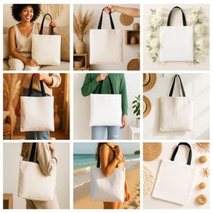 Puede incluir: Una colecci&oacute;n de ocho bolsas de lona blancas con asas negras. Las bolsas se muestran en diferentes entornos, incluyendo una sala de estar, un dormitorio, una playa y un estudio.
