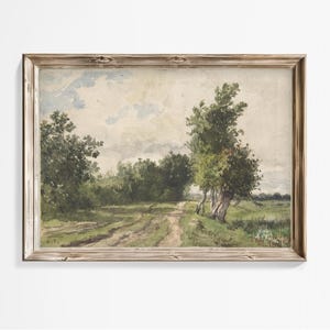 May include: A watercolor painting of a country road winding through a field with trees on either side. The sky is cloudy and the road is dirt.
