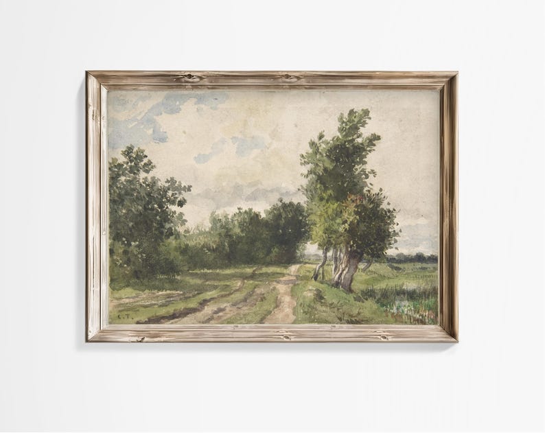 May include: A watercolor painting of a country road winding through a field with trees on either side. The sky is cloudy and the road is dirt.