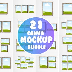 Op de afbeelding: Een set van 21 Canva-mockups met verschillende frame-arrangementen en -formaten. De frames zijn allemaal wit met een houtstructuur en bevatten afbeeldingen van een groen veld met een blauwe lucht en witte wolken.
