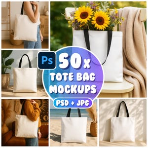 Tote Bag Mockup Bundle 50, Photoshop Tote Bag Mockup, AOP Tote Bag Mockup, Black Strap Tote Bag Mockup, Natural Tote Mockup