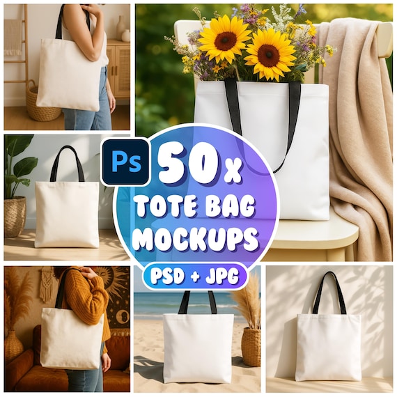 Tote Bag Mockup Bundle 50, Photoshop Tote Bag Mockup, AOP Tote Bag Mockup, Black Strap Tote Bag Mockup, Natural Tote Mockup