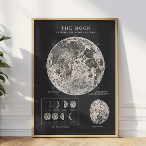 May include: A black and white vintage illustration of the moon with the text "THE MOON" and "LA LUNE - DER MOND - LA LUNA" at the top. The illustration shows the phases of the moon and the near and far sides of the moon.