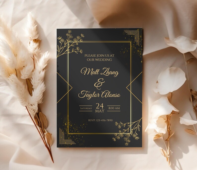 May include: A black wedding invitation with gold lettering and floral accents. The invitation reads "Please join us at our wedding, Matt Zhang & Taylor Alonso, Saturday, May 24, 8:00 AM, RSVP: 123-456-7890".