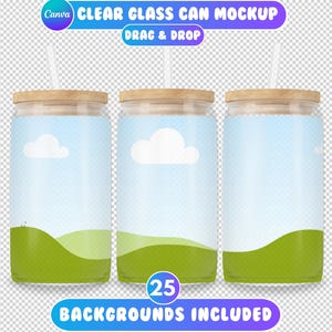 May include: Three clear glass cans with wooden lids and straws. Each can has a different background design featuring a blue sky, white clouds, and green hills. The text "25 BACKGROUNDS INCLUDED" is at the bottom of the image.
