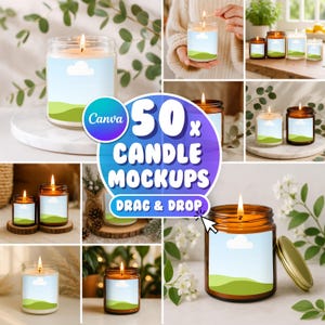 May include: A collection of lit candles in glass jars with labels featuring a blue sky, cloud, and green landscape design. The image includes the text "50x CANDLE MOCKUPS DRAG & DROP" and a Canva logo.