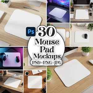 May include: A composite image showcasing various white mouse pad mockups. The image includes a central graphic with the text "30 Mouse Pad Mockups" and the Photoshop logo. The mockups are displayed on different surfaces with computer peripherals.