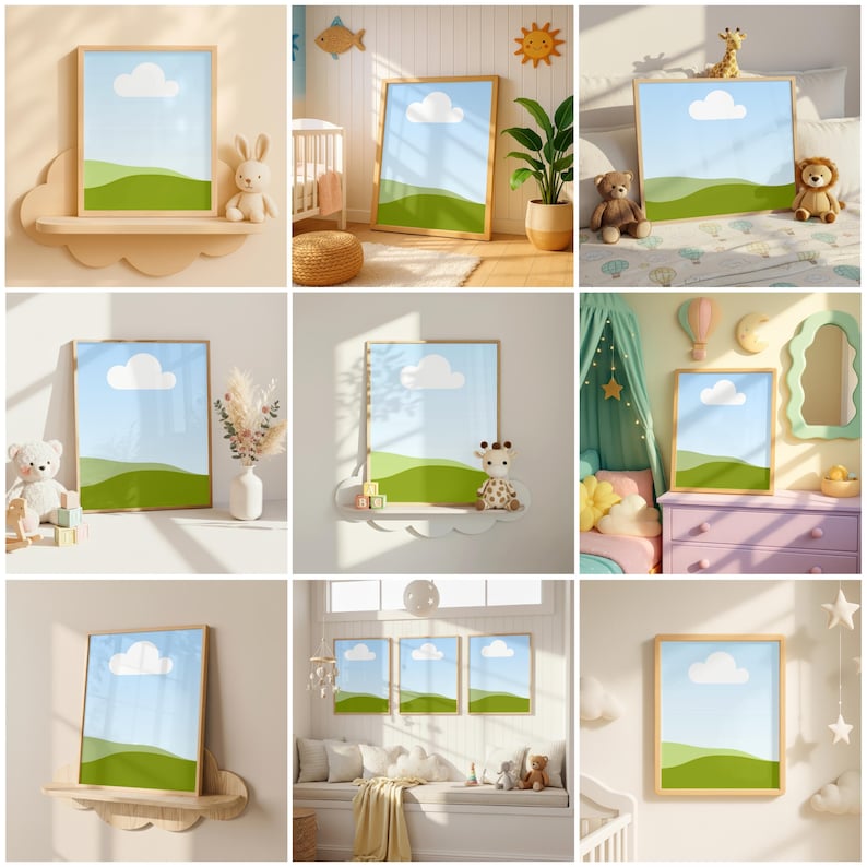 K&ouml;nnte beinhalten: Eine Sammlung gerahmter Kunstdrucke mit einem Landschaftsdesign mit blauem Himmel, wei&szlig;er Wolke und gr&uuml;nen H&uuml;geln. Die Drucke werden in verschiedenen Kinderzimmerumgebungen mit Holzrahmen und wolkenf&ouml;rmigen Regalen pr&auml;sentiert. Kuscheltiere und dekorative Gegenst&auml;nde erg&auml;nzen das Kunstwerk.