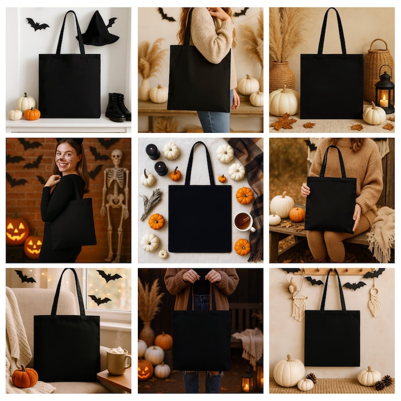 Op de afbeelding: Een verzameling zwarte draagtassen, perfect voor Halloween of dagelijks gebruik. De tassen worden getoond met pompoenen, vleermuizen en andere feestelijke decoraties, waardoor een seizoensgebonden thema ontstaat. De tassen worden in verschillende omgevingen getoond.