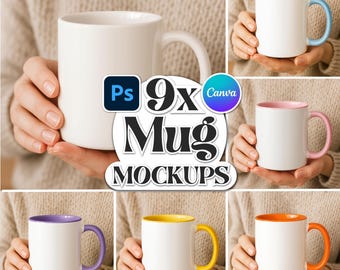9x Printify Mug Mockup Bundle, Accent Mug Mockup, PSD PNG JPG Mug Mockups, 11 oz Mug Mockup, Mug Wrap Mockup, Smart Object, Photoshop Mockup