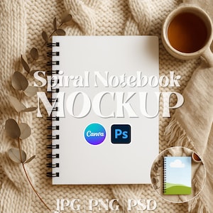 Spiral Notebook Mockup, Canva Spiral Notebook Mockup, PSD PNG Spiral Notebook Template, Drag and Drop Mockup, Printify Spiral Notebook