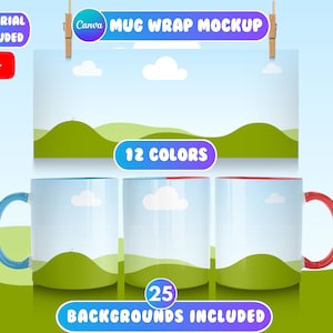 Puede incluir: Maqueta de envoltorio de taza con 12 colores y 25 fondos incluidos. La maqueta muestra una taza blanca con un borde y un asa azules, una taza blanca con un borde y un asa rojos, y una taza blanca con un borde y un asa verdes. Cada taza tiene una imagen de fondo diferente de una colina verde y un cielo azul con nubes.