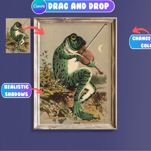 May include: A framed illustration of a green frog playing a violin. The frog is sitting on a log with green leaves and flowers. The background is a light blue sky with a crescent moon.