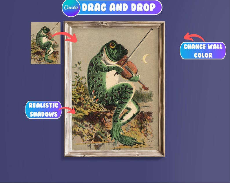 May include: A framed illustration of a green frog playing a violin. The frog is sitting on a log with green leaves and flowers. The background is a light blue sky with a crescent moon.