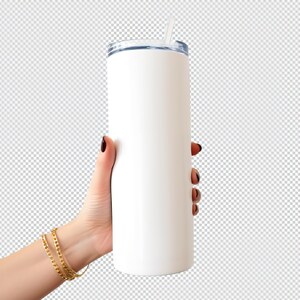 May include: A white stainless steel tumbler with a lid and a straw. The tumbler is being held by a hand with gold bracelets.