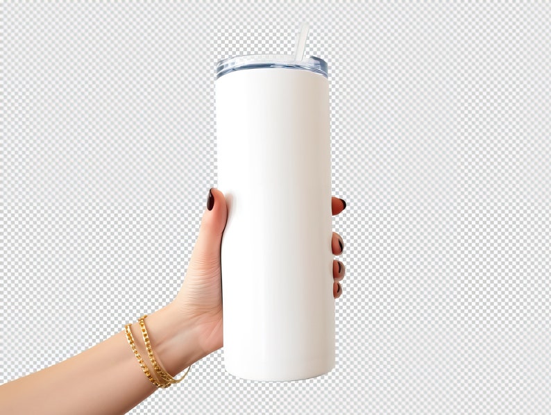 May include: A white stainless steel tumbler with a lid and a straw. The tumbler is being held by a hand with gold bracelets.