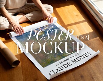 May include: A poster mockup featuring a rolled-up print of Claude Monet's "Water Lilies, 1914-1917." The poster is on a wooden floor, with the text "POSTER MOCKUP" in a stylized font. A person is holding the poster.