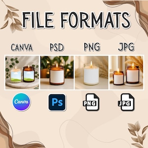May include: Image showcasing file formats: Canva, PSD, PNG, and JPG. Each format is represented with a corresponding icon and a candle. The candles are in glass jars with lit wicks, some with white labels. The background has a neutral color palette.