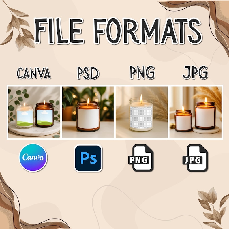 May include: Image showcasing file formats: Canva, PSD, PNG, and JPG. Each format is represented with a corresponding icon and a candle. The candles are in glass jars with lit wicks, some with white labels. The background has a neutral color palette.