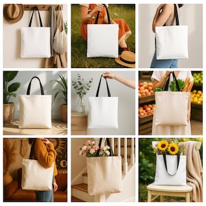 Puede incluir: Un conjunto de nueve bolsas de lona blancas con asas negras. Las bolsas se muestran en diferentes entornos, incluyendo una sala de estar, una cocina y un parque. Las bolsas est&aacute;n todas vac&iacute;as.