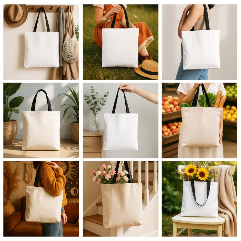 Puede incluir: Un conjunto de nueve bolsas de lona blancas con asas negras. Las bolsas se muestran en diferentes entornos, incluyendo una sala de estar, una cocina y un parque. Las bolsas est&aacute;n todas vac&iacute;as.