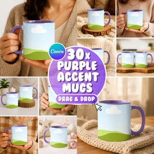30x Canva Purple Accent Mug Mockup Bundle, Purple Color Handle Mockups, 11 oz Mug Mockup, Drag and Drop, Printify Mug Mockup, Coffee Mockup