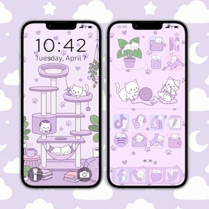 Könnte beinhalten: Zwei Smartphones mit einem passenden, lavendelfarbenen Startbildschirm und App-Symbolen zum Thema Katze. Eines zeigt ein Katzenbaum-Hintergrundbild, das andere eine Sammlung von App-Symbolen mit Katzenillustrationen. Die Uhrzeit ist 10:42 Uhr, Dienstag, 7. April.