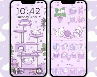 Kawaii Cat App Icons: 200 Pastel Purple Aesthetic, Cute Kitten Theme for iOS and Android, Wallpapers & Widgets, Digital Download