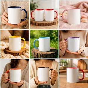 May include: A selection of white ceramic mugs with coloured interiors and handles. The mugs showcase diverse colour combinations, such as blue, red, pink, yellow, and orange. Some mugs are displayed on wooden surfaces, while others are held by a person.
