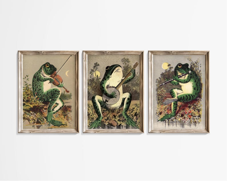 May include: Three vintage illustrations of frogs playing musical instruments. The first frog plays a violin, the second plays a banjo, and the third plays a flute. The illustrations are in a rustic style with a green, brown, and white color scheme.