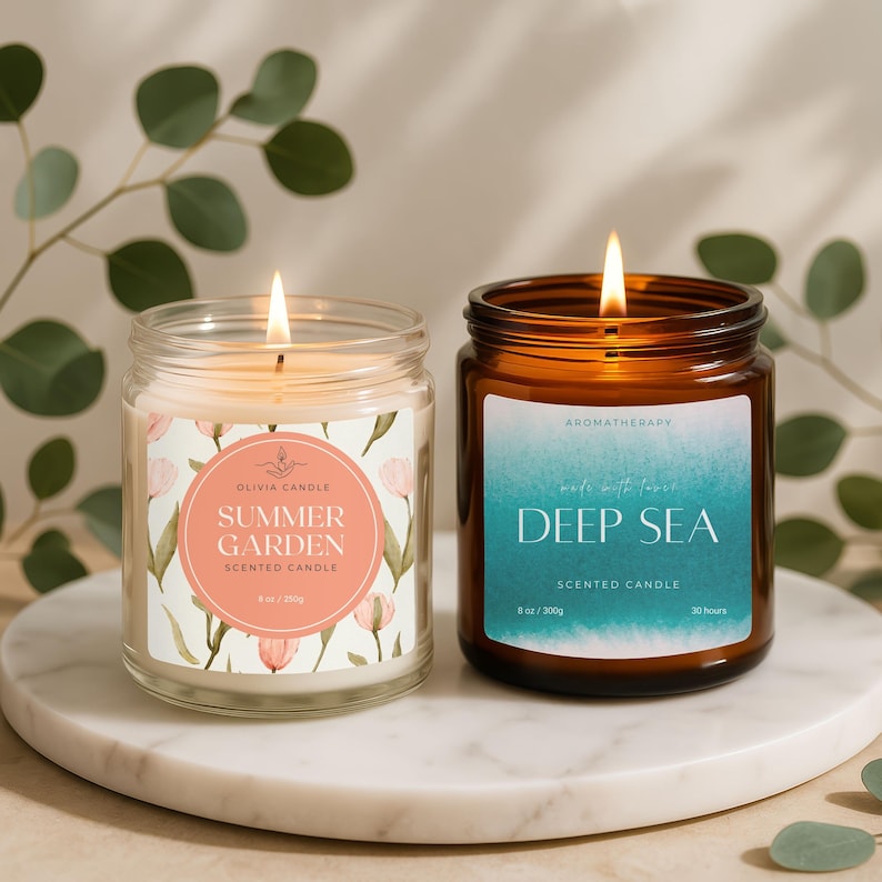 May include: Two lit scented candles in glass jars. One is labeled "Summer Garden" with a floral design, the other "Deep Sea" with a blue watercolor effect. Both are on a white marble surface.