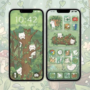 May include: Two smartphones displaying a whimsical forest-themed home screen and lock screen. The lock screen shows white cats in a tree with the time and date. The home screen features cat-themed app icons and a cat on a log.