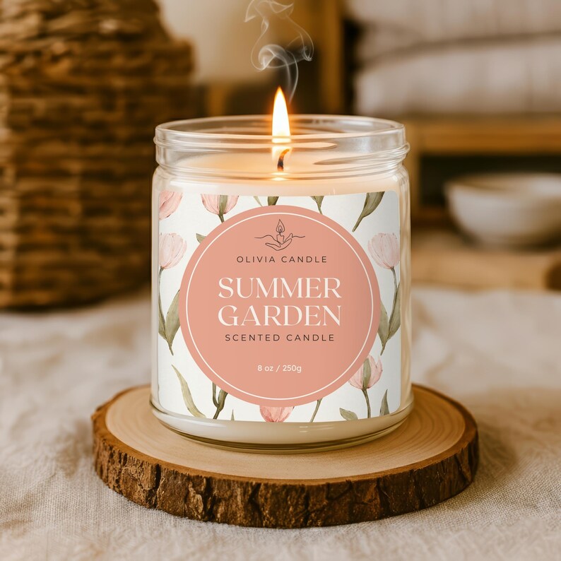 Op de afbeelding: Een brandende geurkaars in een glazen pot met een bloemenlabel met de tekst "Summer Garden". De kaars staat op een houten onderzetter. Het label bevat de tekst "Olivia Candle" en de kaars bevat 250g was.