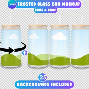 May include: A mockup of frosted glass cans with bamboo lids and straws. The cans feature a landscape design with a blue sky, white clouds, and green hills. The image includes the text "FROSTED GLASS CAN MOCKUP" and "DRAG & DROP".