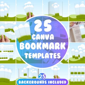 Könnte beinhalten: 25 Canva-Lesezeichenvorlagen mit 25 Hintergrundbildern. Die Vorlagen zeigen einen blauen Himmel mit weißen Wolken und grünem Gras. Die Lesezeichen sind für die Verwendung mit Canva konzipiert.
