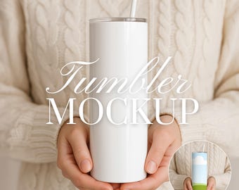 May include: A white tumbler with a straw, held in both hands. The tumbler has a silver lid and a white straw. The text "Tumbler MOCKUP" is overlaid on the image. The bottom of the image has the text "CANVA | PNG | PSD".