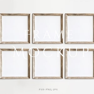 Maqueta de 6 marcos 1:1 / Maqueta de marco cuadrado / Maqueta de marco rústico / Maqueta de marco vintage / Marco de maqueta de madera / Maqueta de arte de pared antigua / PSD PNG