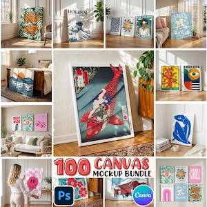 Może przedstawiać: Kolekcja wydruków na płótnie z różnymi wzorami. Wydruki obejmują ilustracje botaniczne, sztukę abstrakcyjną i japońskie dzieła sztuki. Widoczny jest tekst "100 CANVAS MOCKUP BUNDLE" wraz z logo Photoshop i Canva.