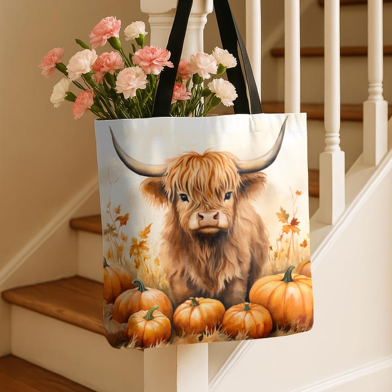 May include: A white tote bag with a brown and white Highland cow illustration and a fall theme. The bag features pumpkins and fall leaves.