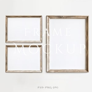 May include: Three rustic wooden picture frames with white mats and a white background. The frames are arranged in a row, with the largest frame in the middle and the two smaller frames on either side. The text "FRAME MOCKUP" is written in white letters on the background.