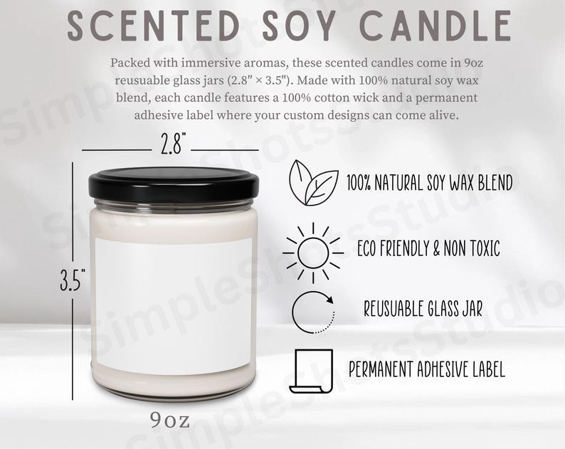 May include: A 9 ounce scented soy candle in a clear glass jar with a black lid. The candle is 2.8 inches wide and 3.5 inches tall. The jar is reusable and has a permanent adhesive label. The candle is made with 100% natural soy wax and is eco-friendly and non-toxic.
