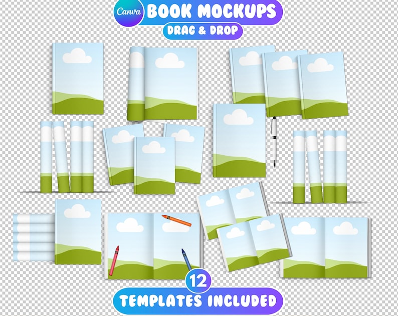 Op de afbeelding: Twaalf boekmockups met een blauwe lucht en groene gras achtergrond. De mockups zijn in verschillende posities, waaronder gesloten, open en gestapeld. De tekst "12 TEMPLATES INCLUDED" staat onderaan de afbeelding.